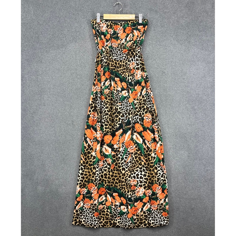 Justify Strapless Maxi Dress Womens Medium‎ Brown Orange Leopard Floral Tropical